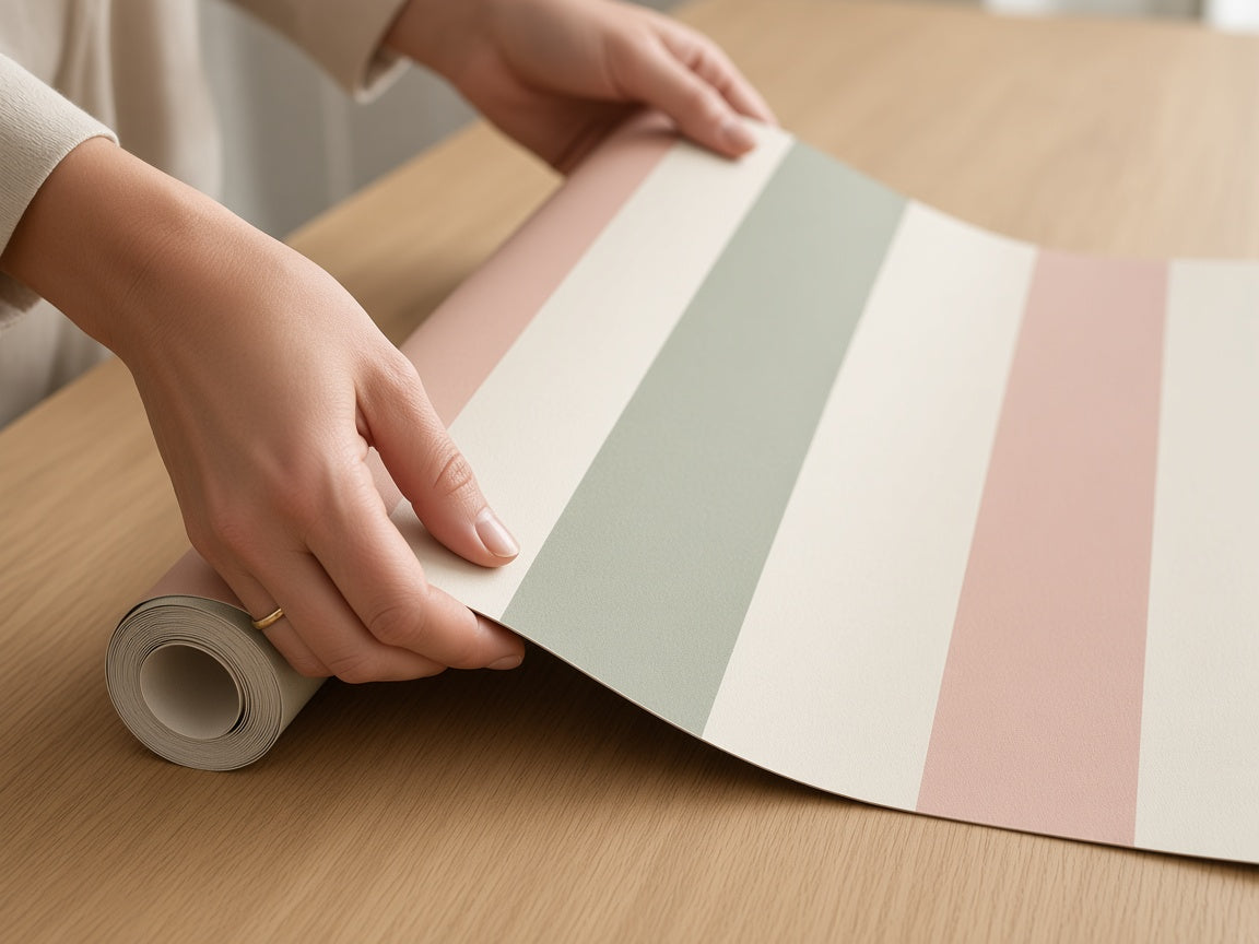 Déroulage d’un papier peint aux rayures pastel