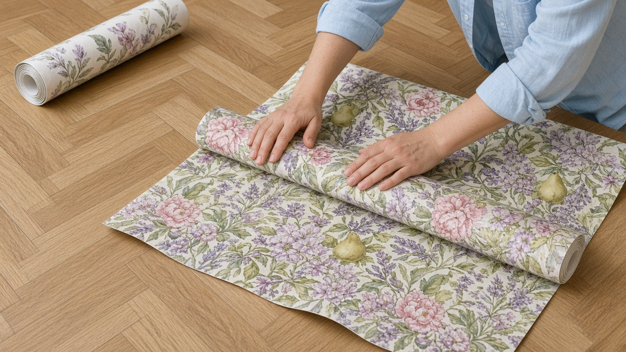 Pose d’un papier peint à motif sur un parquet