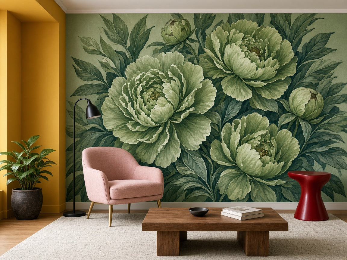 Pièce décorée d’un papier peint à fleurs