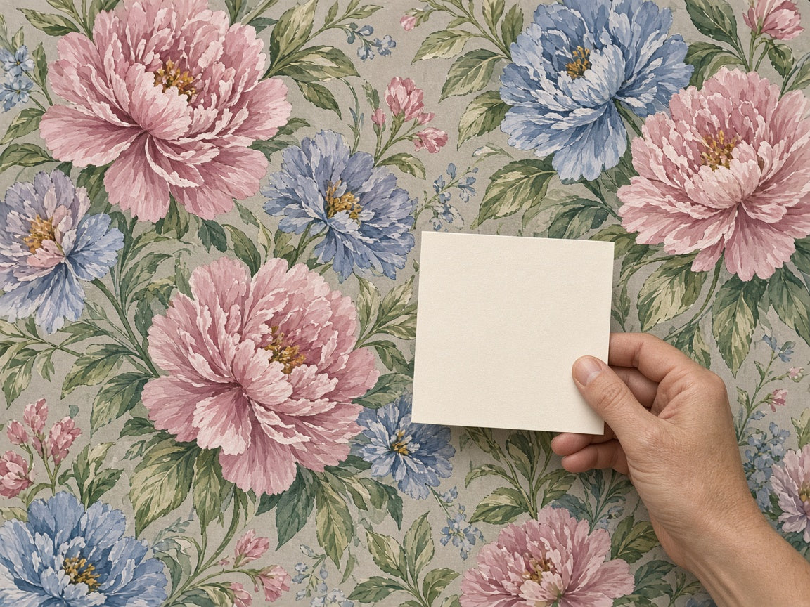 Nuancier posé contre un papier peint à fleurs