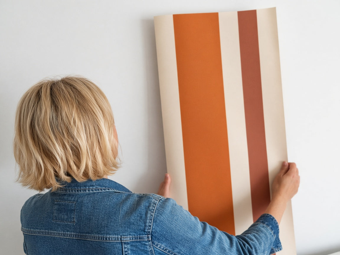 Rouleau de papier peint tenu contre un mur